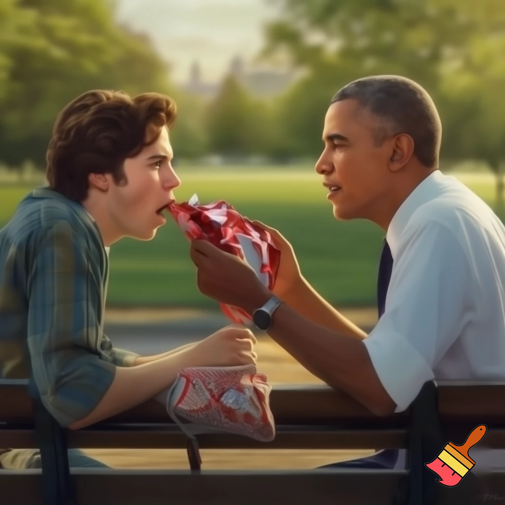 Make a picture of Charlie Kirk and Obama sharing twizzlers

