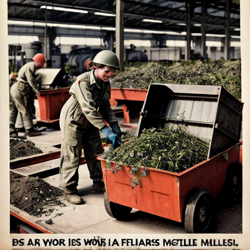 Women work in factories building equipment. Men in uniform prepare to leave for war. Children collect scrap metal in a red wagon. Posters on walls say, “Careless Talk Costs Lives” and “Grow Your Own.”