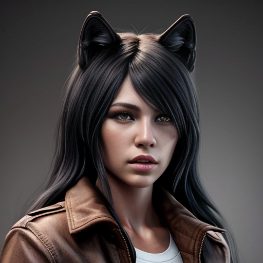 Anthropomorphic female black wolf with long pretty black hair and purple eyes, wearing a brown jacket 