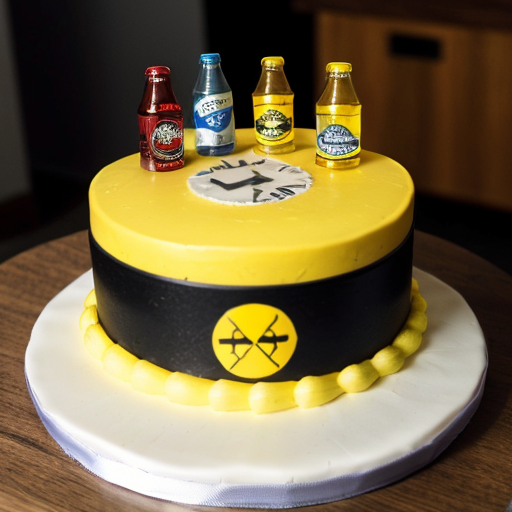 Photorealistic image of a single-tier round white fondant cake in Fallout New Vegas style, diameter 25cm. On top: large drawn Vault Boy character thumbs up (big smile, yellow hair, blue jumpsuit with yellow Vault-Tec logo, pointing finger up). Around the top edge: red 'Happy Birthday' banner ribbon. Sides fully covered in white fondant with drawn thematic Fallout elements: Nuka-Cola bottles, radiation symbols ☢️, Pip-Boy wristwatch, Liberty Prime head silhouette, Brotherhood of Steel logo. Three volumetric 3D red Nuka-Cola bottle caps (realistic, glossy, 4cm diameter, protruding 2cm) placed on sides. Yellow Vault-Tec arc emblem with '38' in center of side. Monochromatic colors: white base, blue, yellow, red accents only. Studio photo on wooden table, perfect lighting, highly detailed, cake topper style