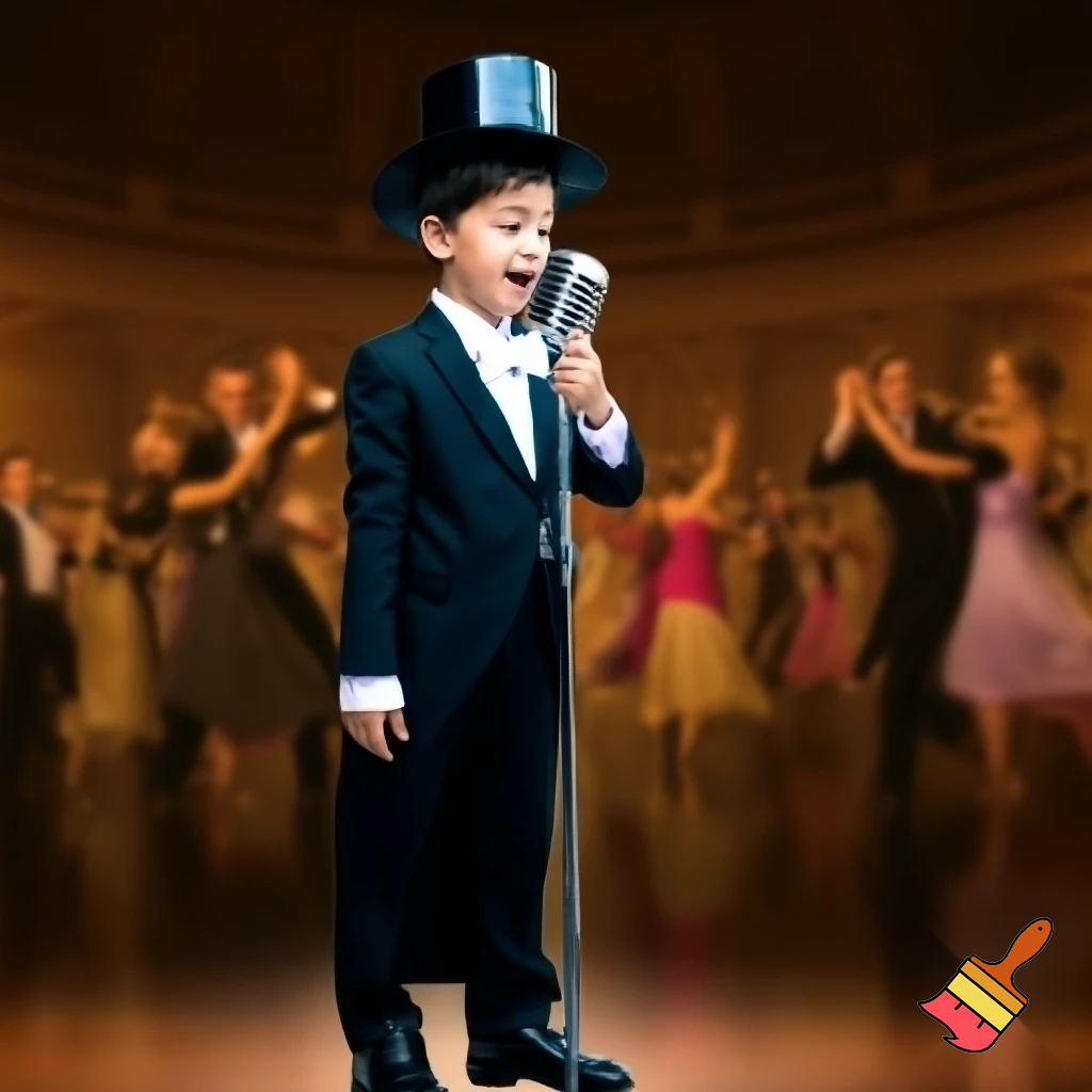 Preteen Boy in shiny Top Hat White Bowtie Black Tailcoat Black Shoes Singing in Microphone on a big Stage. Behind him Ballroom Dance Kid Couples Dancing, the Boys in formal stylish Tailcoats, the Girls in beautiful Ballroom Gowns
