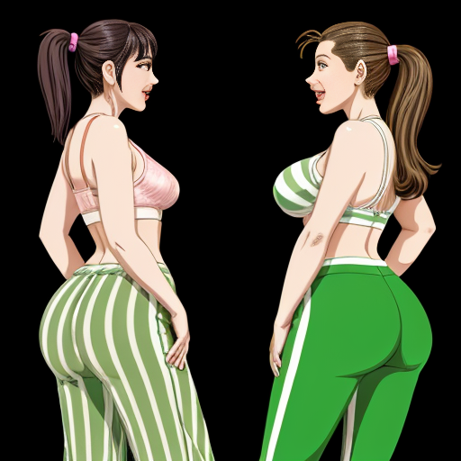 90's disney's 2d aladdin style comic black background and panels of 
Panel 1 a curvy figure two headed woman with brown hair and black striped haired ponytail and with green skin barefoot with green and white striped harem pants and pink and white striped bra marching towards viewer. 
Panel 2 then the curvy figure two headed woman with brown hair  black striped haired ponytail and with green skin barefoot with green and white striped harem pants and pink and white striped bra both looked at each other while marching towards the viewer.
Panel 3 then the curvy figure two headed woman with brown black striped haired ponytail and with green skin barefoot with green and white striped harem pants and pink and white striped bra gives kisses towards viewer. 
Panel 4 then the curvy figure two headed woman with  brown hair and l black striped haired ponytail and with green skin barefoot with green and white striped harem pants and pink and white striped bra kissing the viewer while marching. 
Panel 5 then the curvy figure two headed woman with brown hair black striped haired ponytail and with green skin barefoot with green and white striped harem pants and pink and white striped bra turns around and turns around and revealing to the viewer a yellow triangle shaped stitch patch was on the middle of her butt of her green and white striped harem pants. 
Panel 6 then curvy figure two headed woman with brown hair and black striped haired ponytail and with green skin barefoot with green and white striped harem pants and pink and white striped bra shakes her butt with the yellow triangle shaped Stitch patch on her big butt. 