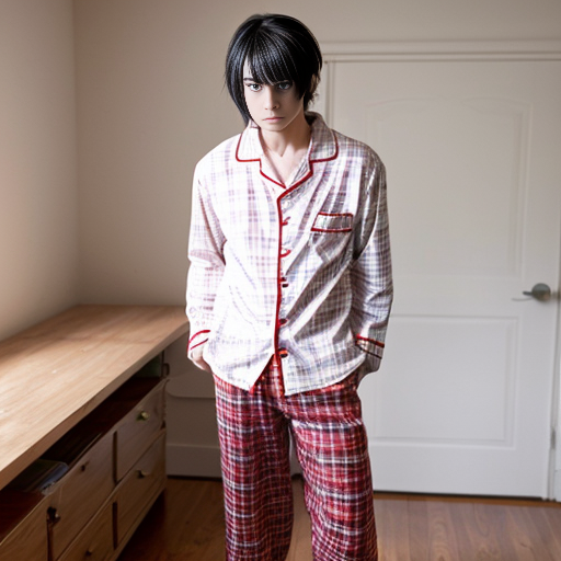 a anime boy
 with red plaid red pajama pants and white shirt standing up


