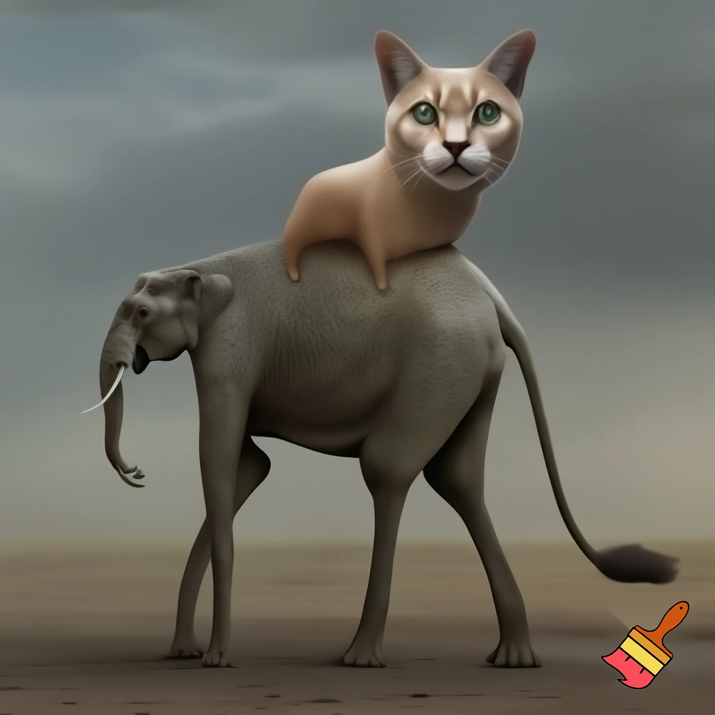 crea un animal con cabeza gato,cuerpo de elefante , patas de avestruz y cola de puma
