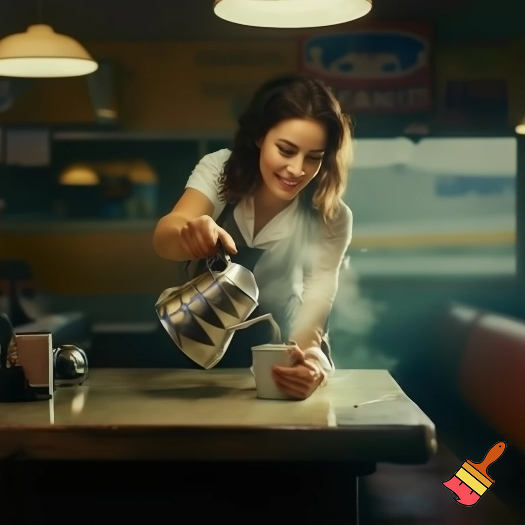 A small roadside diner. A beautiful waitress leans over to pour coffee into a customer's cup at a table. The waitress smiles. Photorealistic. 9x16