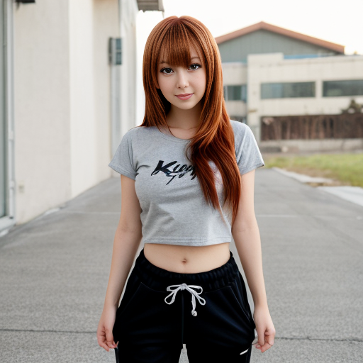 brown-red haired anime girl with a flat chest, kandi, black sweatpants, a black t-shirt, wolf cut hair, brown eyes