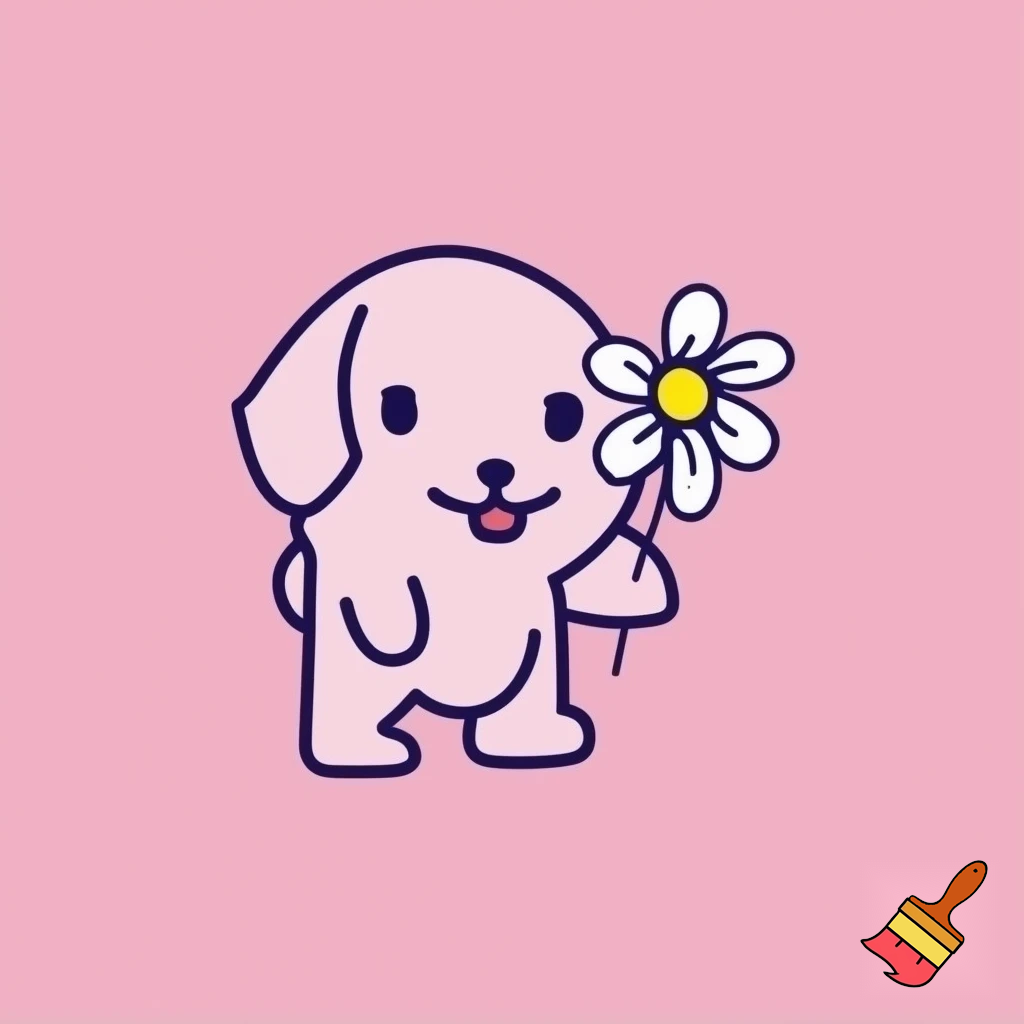 A minimalistic simple cute pink kawaii puppy holding a daisy flower, Japanese drawing style.