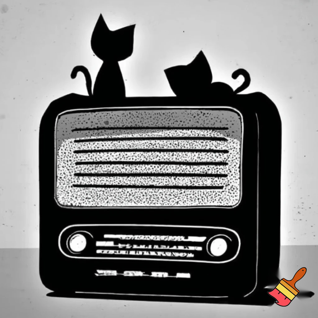 Draw a black and white old time radio with 2 cats in silhouette form. Make the drawing more like a cartoon.