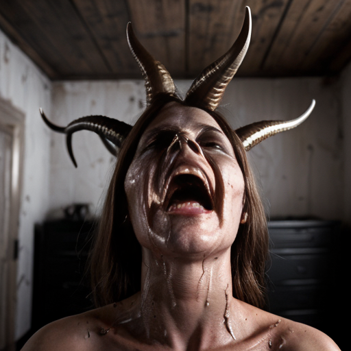 A photorealistic, high-detail cinematic shot of a woman lying on a messy white bed, looking up in terror. Thick, fleshy, worm-like tentacles are coiled around her body and emerging from under the sheets. The room is dimly lit with a deep red and muddy brown color palette. Hanging from the ceiling are grotesque, elongated demonic skulls with curved horns and dripping organic matter. On the back wall, a distorted religious icon and a crucifix are mounted. The atmosphere is heavy with dark surrealism and analog horror vibes. 8k resolution, highly detailed skin textures, dramatic shadows, grimy wall textures