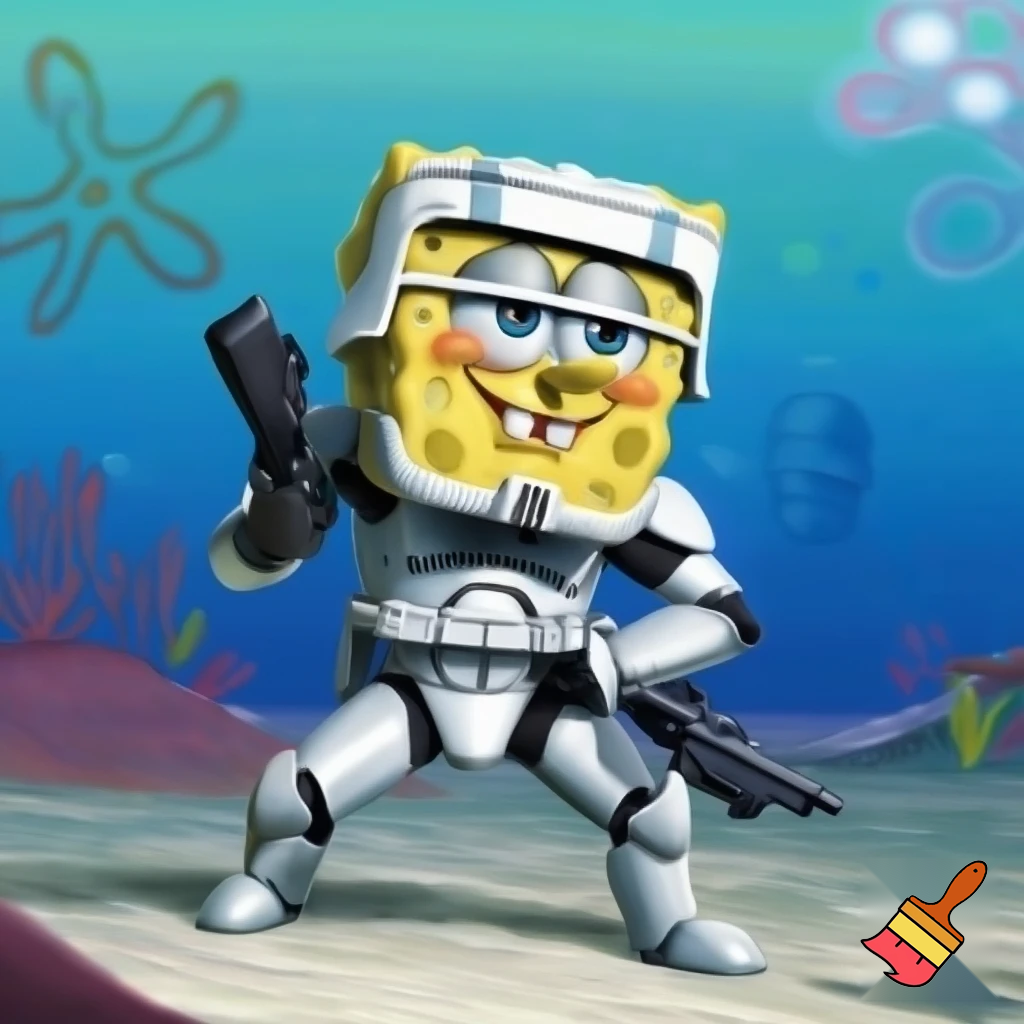 A sponge Bob wearing clone trooper armour