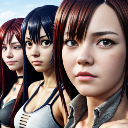 Create image of characters (Natsu, Lucy, Grey, Juvia, Erza, Wendy, Mira) from anime "Fairy Tail"
