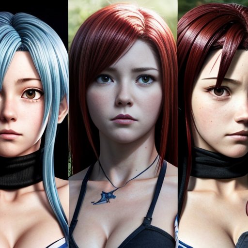 Create image of characters (Natsu, Lucy, Grey, Juvia, Erza, Wendy, Mira) from anime "Fairy Tail"
