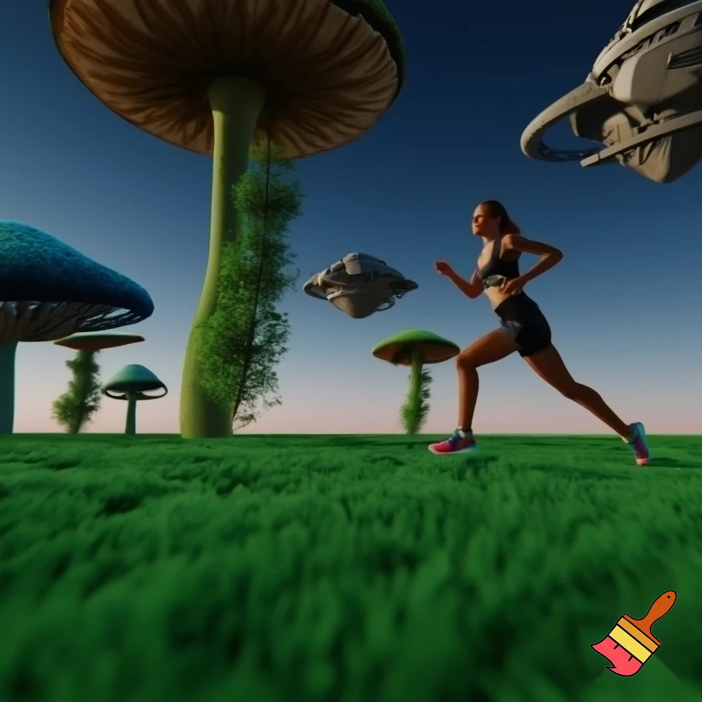 a woman is running in a green field with giant mushrooms, escaping from alien starships
