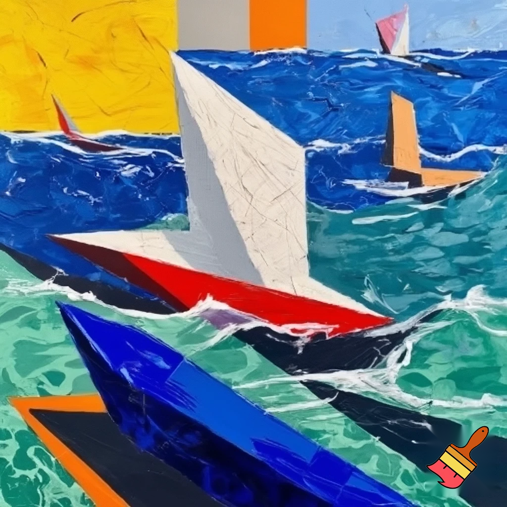 postmodern acrylic painting sea and boats 
