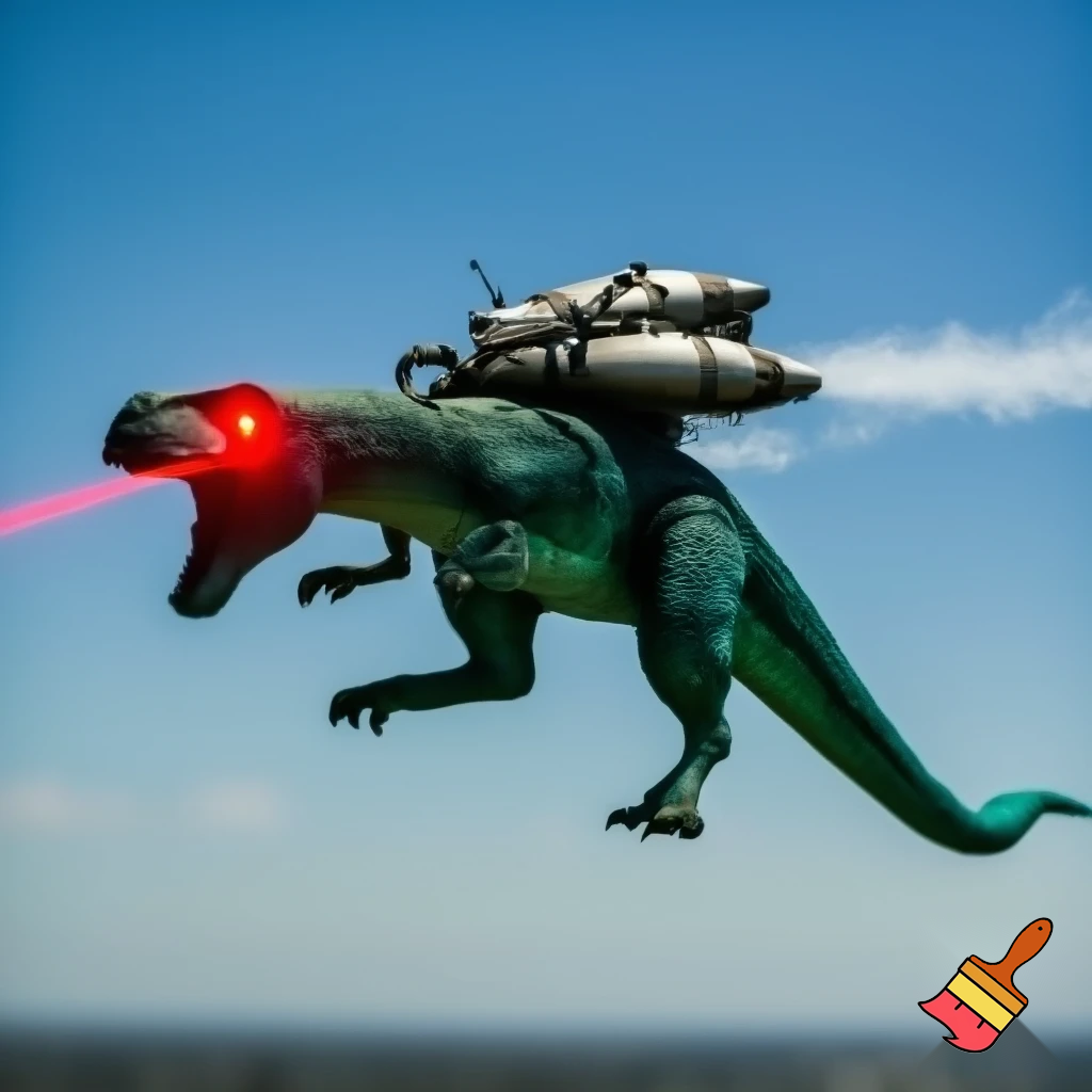 Make me a flying snake with T rex arms and legs with a jetpack and laser eyes