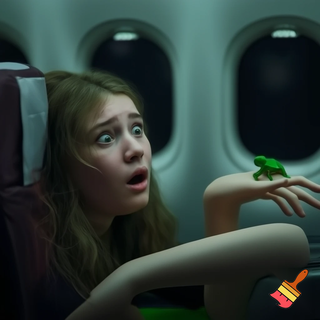 a woman at the plane was scared of a frog


