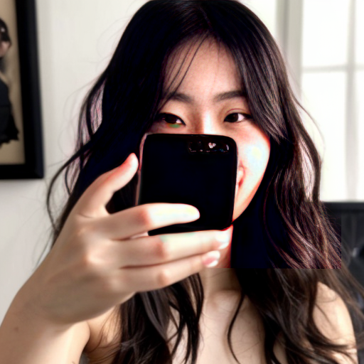  L'immagine mostra una ragazza asiatica  dai capelli scuri e ondulati che scatta un selfie allo specchio in quella che sembra essere una camera da letto. La persona è in piedi, con una mano sollevata tra i capelli e l'altra che tiene lo smartphone per catturare l'immagine.
Sullo sfondo si notano diversi elementi tipici di una stanza vissuta:
Un letto con lenzuola chiare e cuscini di vari colori.
Alcuni oggetti personali sparsi, tra cui capi di abbigliamento rossi e blu.
Una bottiglia d'acqua sul pavimento accanto alla struttura del letto
Nell'immagine si possono notare diversi elementi di abbigliamento e tessuti sparsi nella stanza:
Sullo sfondo, a sinistra, ci sono dei cuscini e delle lenzuola colorate sul letto.
A destra, appoggiati su una superficie, sono visibili dei capi di abbigliamento dai colori vivaci, in particolare un indumento di colore rosso acceso e uno blu.
In primo piano, la persona nell'immagine non indossa vestiti, ma sono presenti delle barre nere di censura sovrapposte alla foto