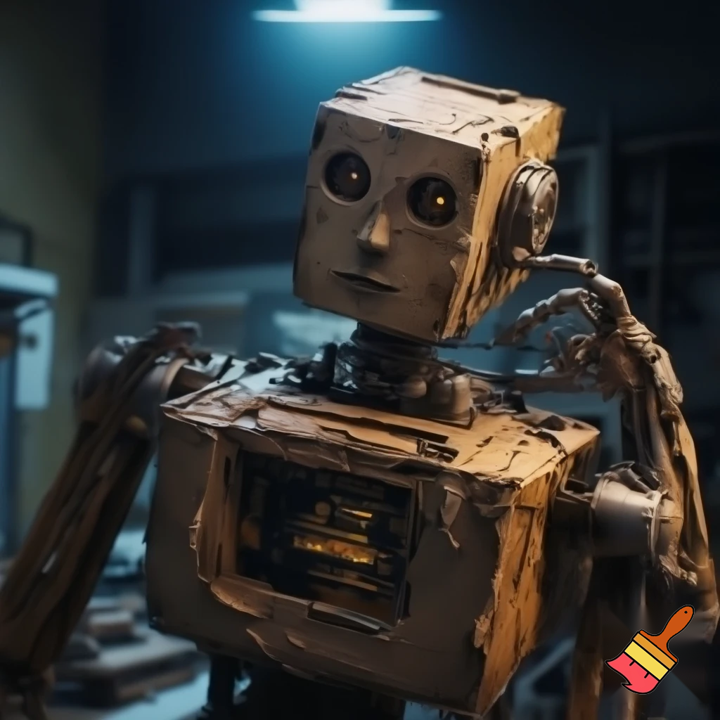 selfi standind robot face opened statue in cardboard