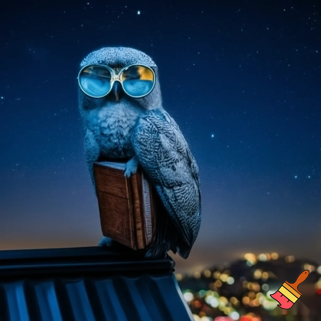 Búho erudito llamado PlumaSabia, con plumaje gris azulado y motas doradas. Lleva gafas redondas metálicas y sostiene un libro viejo bajo un ala. Está posado en un tejado nocturno con estrellas y luces de la ciudad al fondo. Estilo ilustración elegante, atmosférica, con detalles finos y tono sabio.”

Si quieres, también puedo: