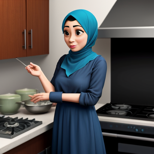 Мультяшный стиль Pixar, персонаж стоит у плиты, жест приготовления, мультяшные черты, большие выразительные глаза, мусульманская женщина 35-40 лет, полностью покрыта широким голубым платьем, платок закрывает все волосы, скромный вид, серый фон, постоянный персонаж, простой мультяшный стиль, кинематографическое освещение