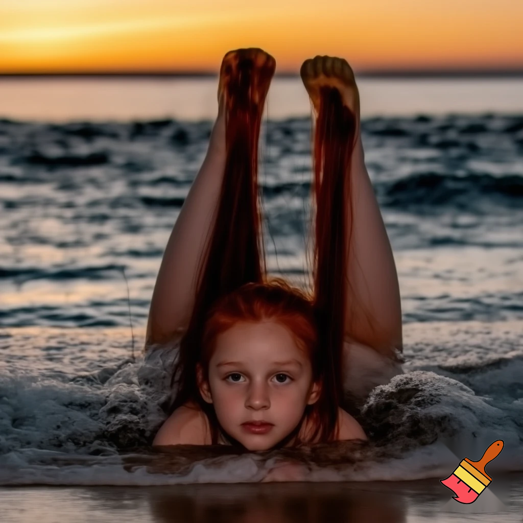 Ragazza dai capelli rossi distesa al tramonto su una spiaggia, bagnata dalle onde sul suo corpo nudo. Vista frontale, la ragazza ha le gambe aperte i capelli sono mossi 