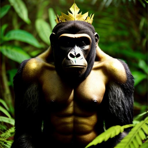 a big king gorilla with a golden leaf crown in the jungle with red eyes