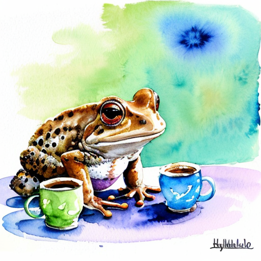 A hillarious, funny boho toad with some hippie colored coffee cups. Psychedelic decorated background.