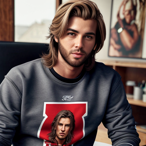 A man with brown heir as a short mullet and a red sweatshirt and black long pants