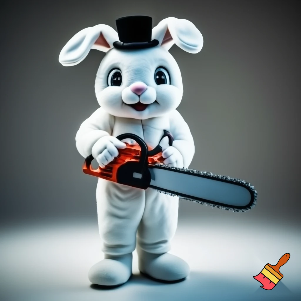 Easter bunny with a chainsaw with a top hat mascot costume
