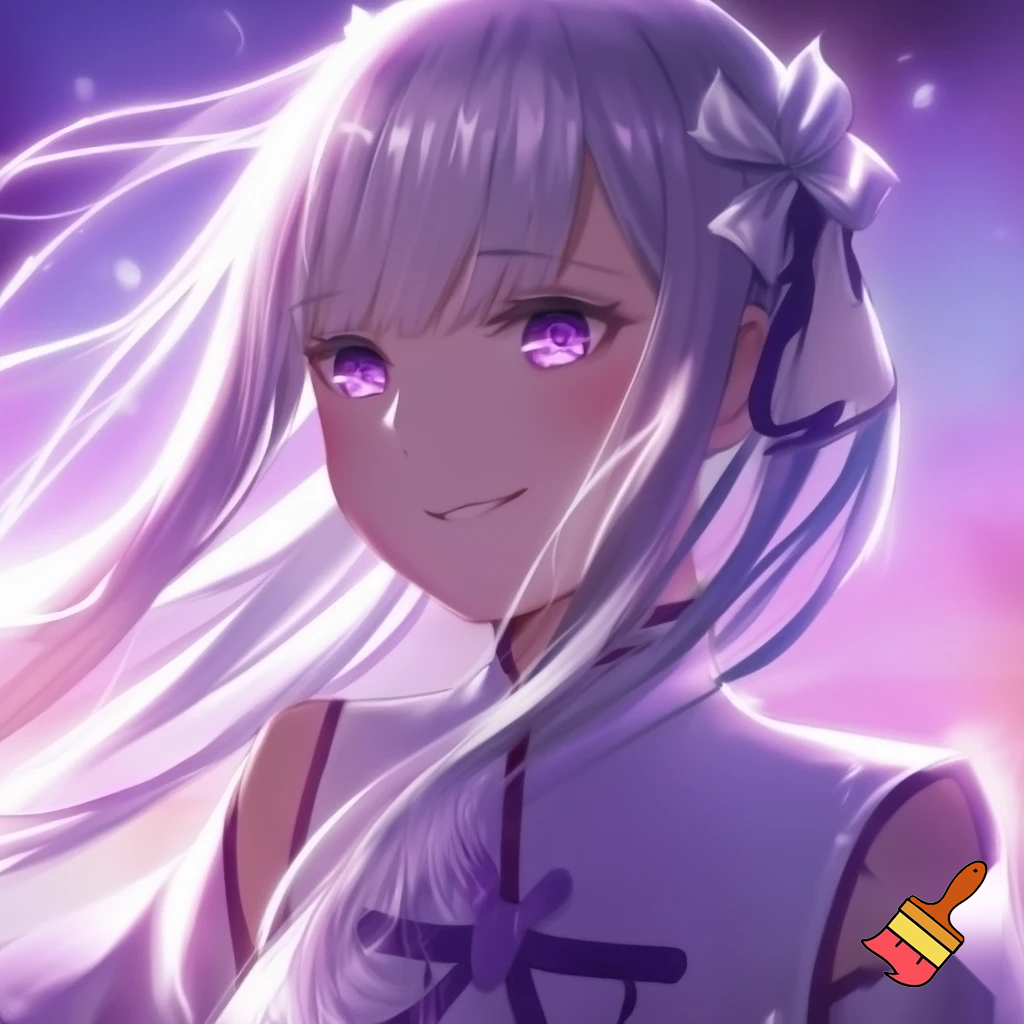 Anime portrait of Emilia from Re:Zero, with long silver hair and purple eyes. She is wearing her iconic white and purple robe, smiling gently. Masterpiece, high quality, vibrant colors, soft lighting, magical atmosphere.