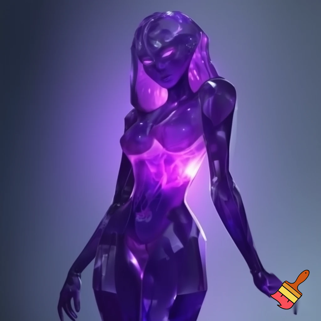 A humanoid crystal creature made of transparent purple gemstone shaped like a living person, with a smooth feminine silhouette and articulated limbs. Her body glows softly from the inside with violet light, and her face has expressive eyes carved from crystal, not faceless. Her surface catches reflections and sparkles, but she clearly looks alive, flexible and animate, not a solid block. She stands in a gentle pose, magical and elegant, with prisms of light around her.