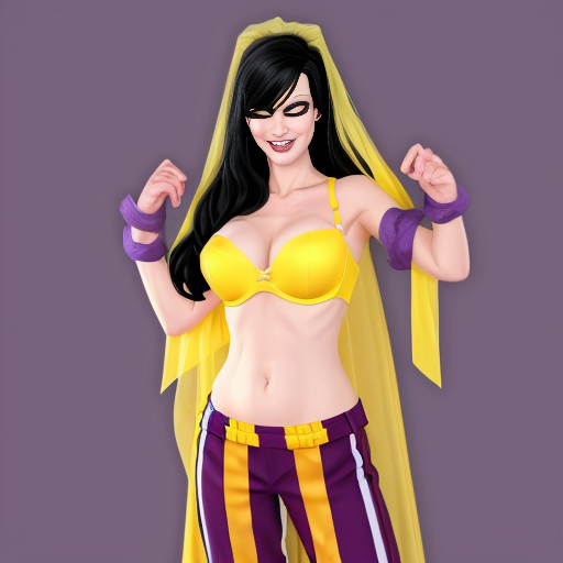 90's disney's 2d aladdin style comic black background and panels of 
panel 1 orange haired batgirl with purple and yellow striped harem pants, purple bra and yellow curved slippers with both hand palms place together and hiding the bottom of her mouth with a purple and yellow striped veil wrapped around her arms and shoulders. 
panel 2 she danced with purple and yellow striped harem pants with purple bra and yellow curved slippers and with purple and yellow striped veil wrapped around her arms and shoulders and raising legs and bounced up and down her belly and shook her hips left and right. 
panel 3 as orange haired batgirl with purple and yellow striped harem pants, purple bra and yellow curved slippers and with purple and yellow striped veil wrapped around her shoulders and arms spreading her arms, happily revealing her face to the viewer and giving a smile as she turns around shook her hips left and right. 
Panel 4 as orange haired batgirl with purple and yellow striped harem pants, purple bra and yellow curved slippers and with purple and yellow striped veil wrapped around her shoulders and arms started to fade away , except her belly, which is bouncing around. 
Panel 5 then the ball transforms into the fading in belly of black haired zatanna with light purple and dark blue striped harem pants, light purple bra , dark blue curved slippers and with light purple and dark blue veil wrapped around her arms and shoulders with her swaying her hips. 
Panel 6 then black haired zatanna with light purple and dark blue striped harem pants and light purple bra and dark blue curved slippers and with a light purple and dark blue striped veil wrapped around her arms and shoulders and with her hand palms place together between her chest and gives a smile and winking her left eye.