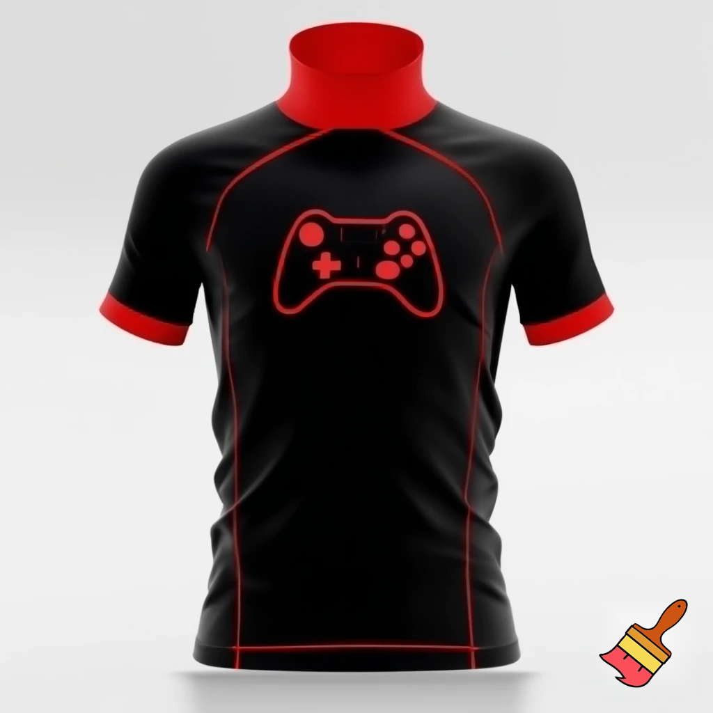 Crea una maglia da calcio nera con un colletto alto rosso e altri dettagli in rosso. È nera. Al centro ha un controller da videogiochi nero con i contorni che richiamano il colore del colletto. Fai vedere tutta la maglia