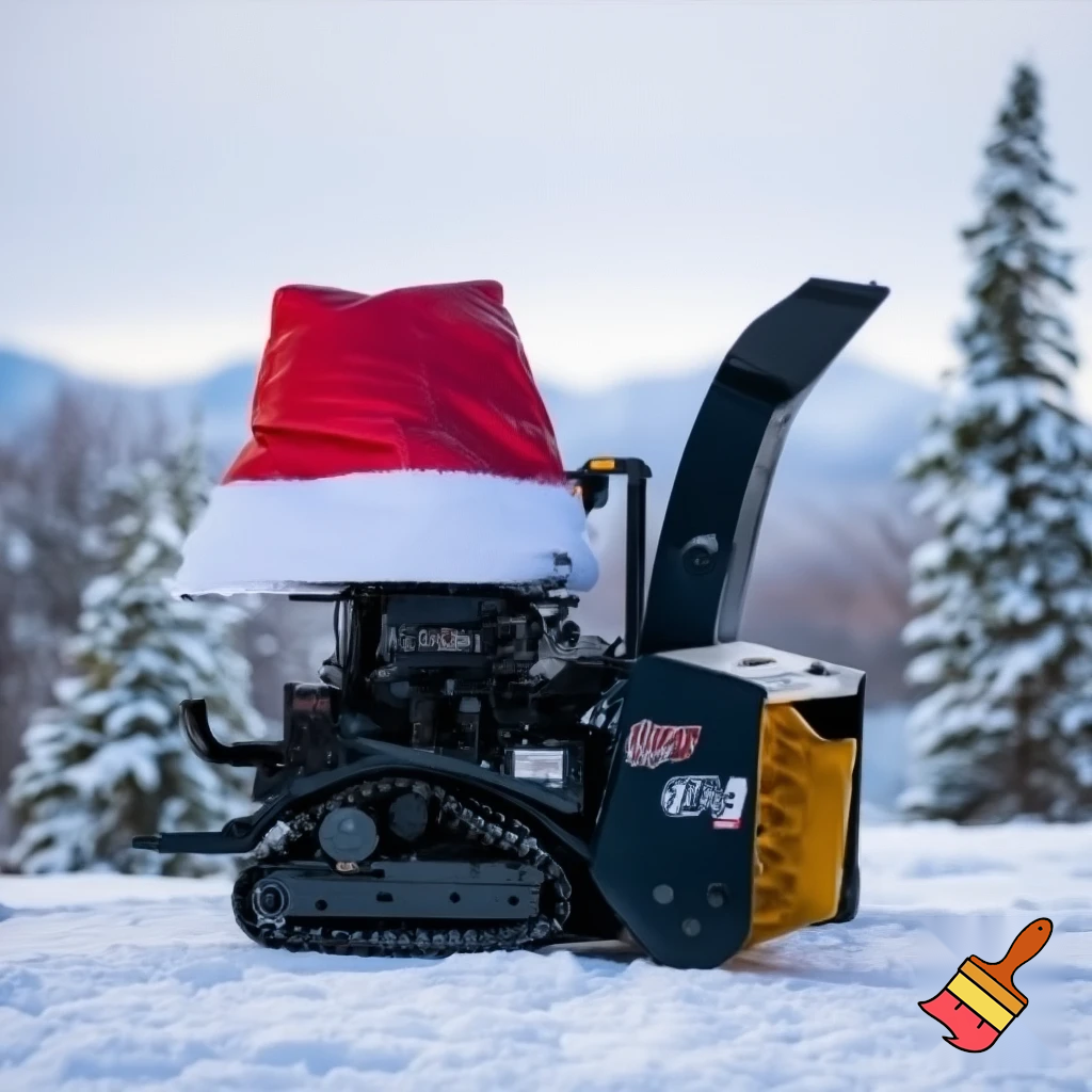 einmal maxpro3500 mit einer wheinachtsmütze draussen im schnee und winterlichen hintergrund
