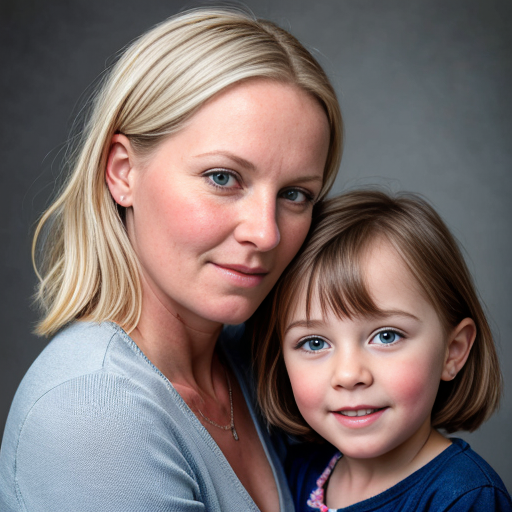 can you make a family photo with one three year old daughter, I'm the wife and mother and I have blonde hair and blue eyes, and add in a husband

