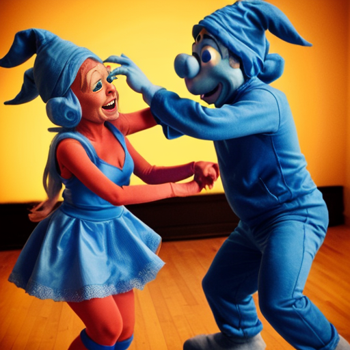 Show me a picture of Smurf and Smurfette dancing together.