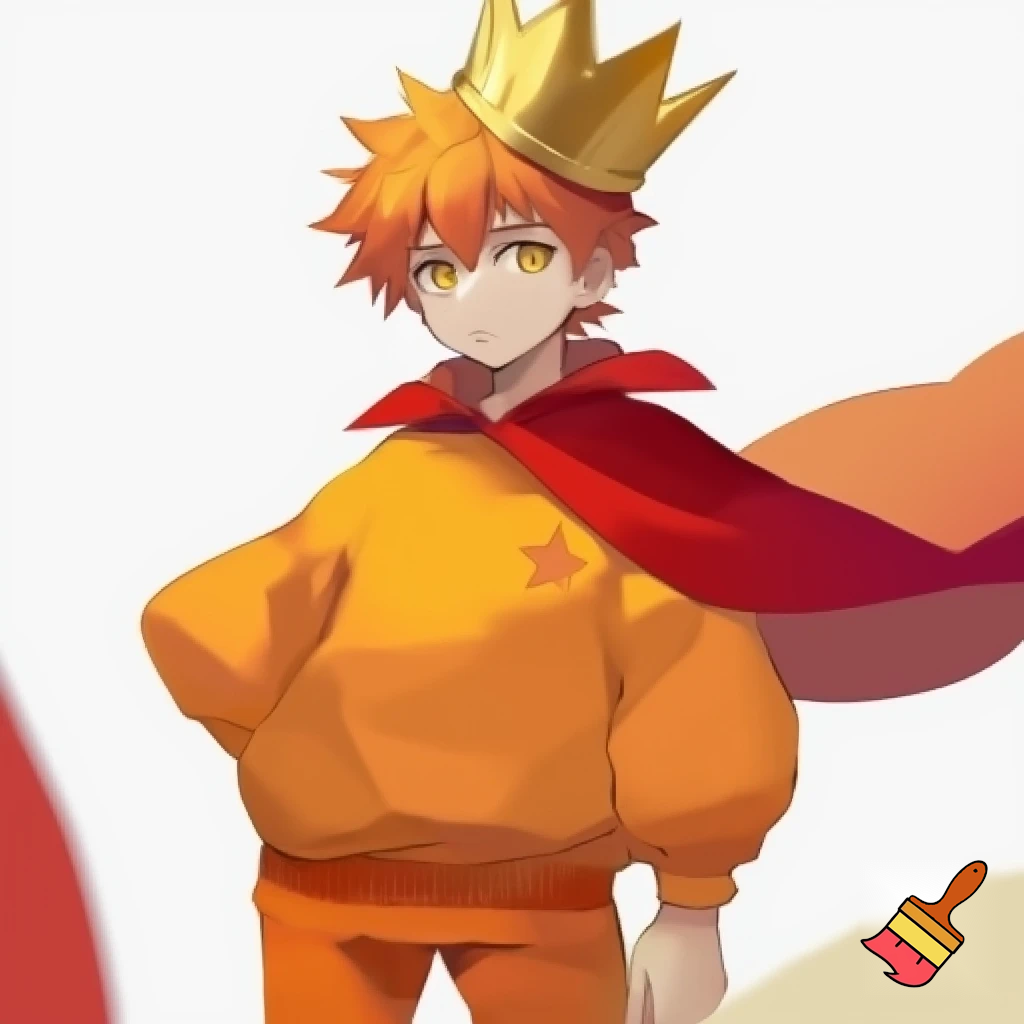 Un chico Anime 2000s Pelo naranja ojos negros corona de rey amarilla sueter naranja pantalones naranjas y capa rojade rey estrella joven en un fondo blanco.
