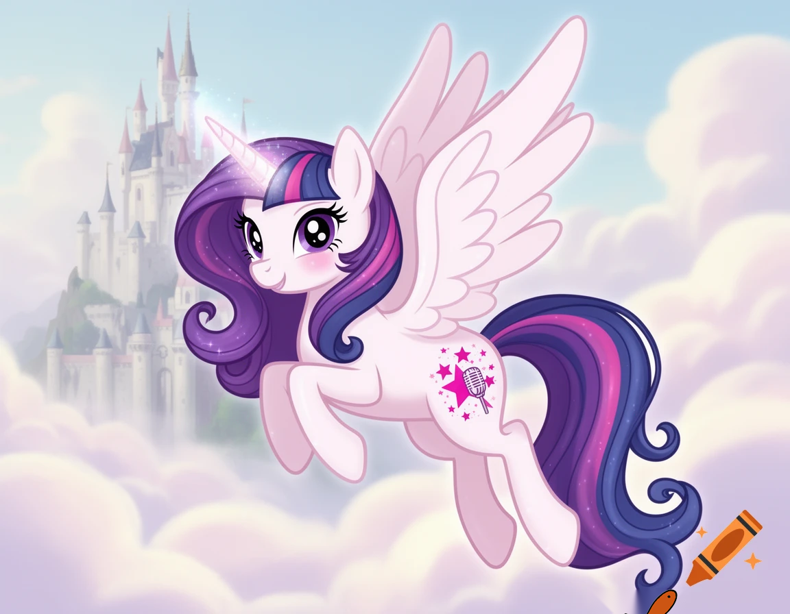 A cute Alicorn pony named Misty Rose in the style of My Little Pony: Friendship is Magic. White coat with very soft pale pink tones, long flowing mane and tail in purple and blue like Fluttershy's. Shiny glossy horn, large elegant wings like Twilight Sparkle's. Friendly, sweet expression. Cutie mark: two fuchsia stars with a microphone in the center, surrounded by small pink stars. Bright pastel 2D cartoon style, magical and cheerful atmosphere. In the background a castle in clouds, she fly.
