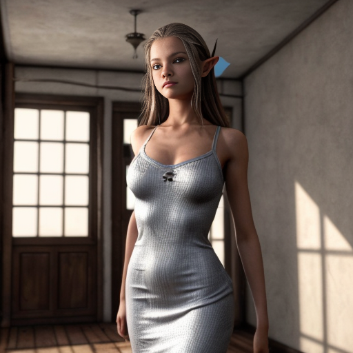 10 elven years is equal to one human year. A 120-year-old elf girl has entered another world. It has a material called Lightium. Its peculiarity is that upon contact with oxygen it becomes completely invisible.
A girl, walking in this world, accidentally enters a house where a woman lives. At one point, the woman steals all the girl's clothes and gives her a Lightium dress in return. Then the room fills with oxygen. The Lightium reacts. The dress becomes completely invisible.
Hyperrealistic image. Only the girl is visible. Her arms are spread out.