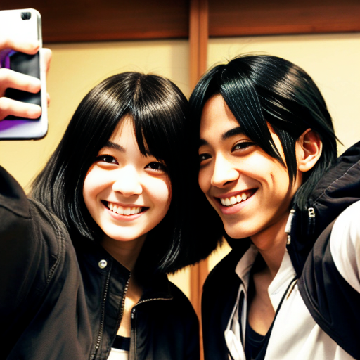 Kabuto Yakushi from Naruto side by side with a young woman with black hair that reaches to her shoulders. She has hazel eyes. She wears a black jacket with a white shirt. They're taking a selfie smiling. Manga style