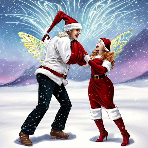 Színes, képregény-stílusú, szürreális jelenet: francia, flancos úrihölgy irigy és haragos, mikulás manó vöröshajú testvére mellett. Úrihölgy lopja Hermész szárnyas saruját az Olümposzról, idő száguld a végtelenbe, hóviharszerű harag, hatványozottan tündöklő tündér veszélyben. Túlzó arányok, humoros, dinamikus, kaotikus, élénk színek, szürreális képregény-hatás.”