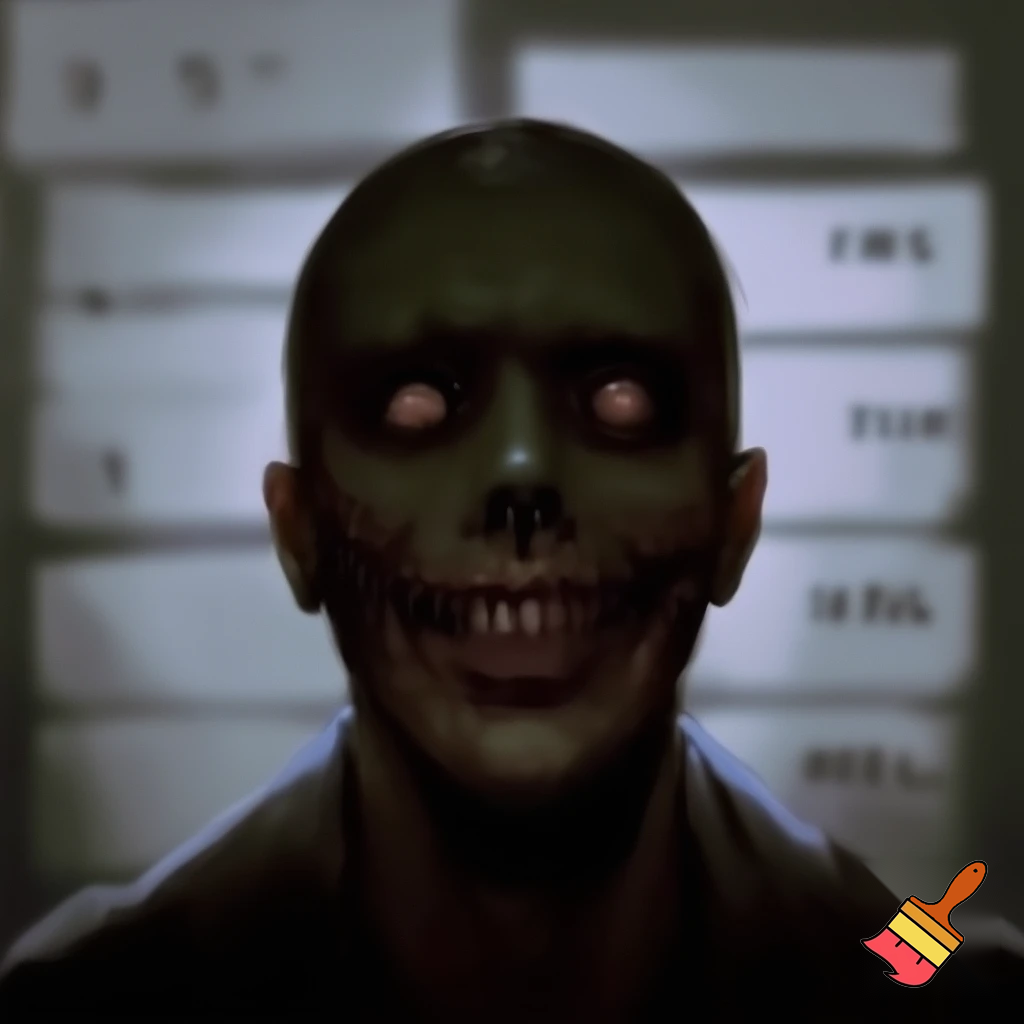 evil, sinister stare with a scary smirk mugshot backround scary look