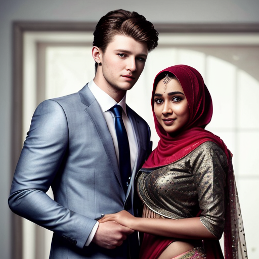 A russian handsome boy with pale skin blonde hair and blue eyes, wearing a suit,tall 188 cm staning with a Bangladeshi girl with warm skin dark eyes, wearing a red wedding full cover lehenga with hijab, 168 cm tall,  wefding scene