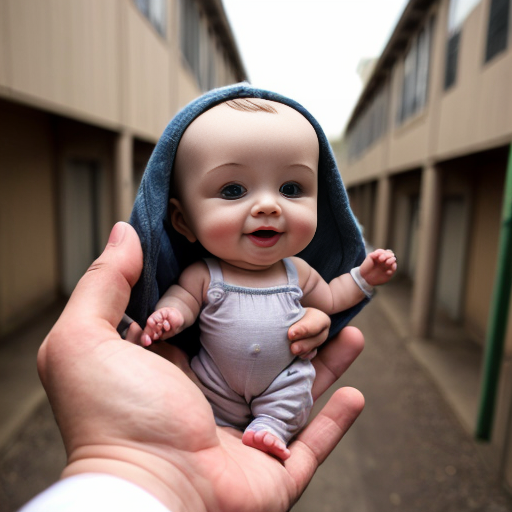 50 foot baby holding person in his hand.