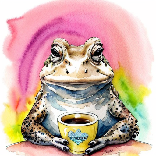 A hillarious, funny boho toad with some hippie colored coffee cups. Psychedelic decorated background.