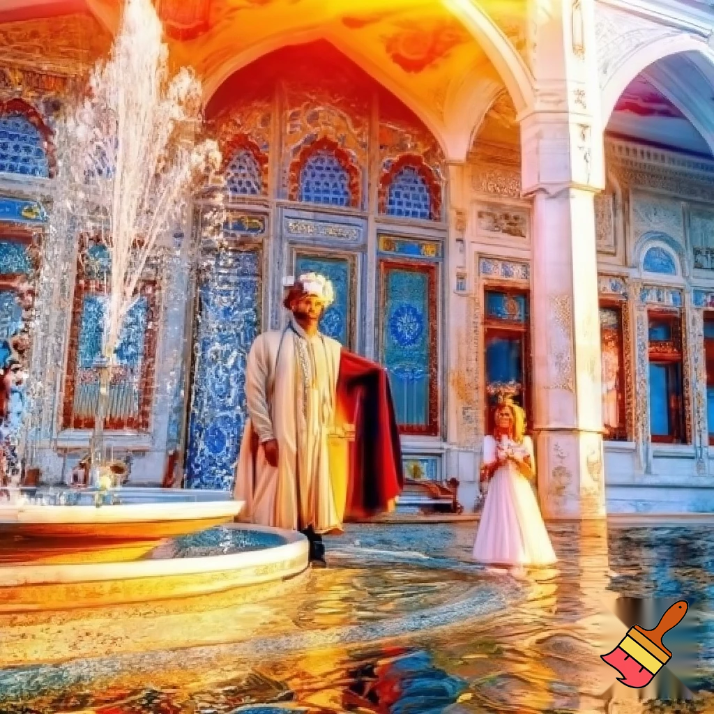 Osmanlı tarzı ihtişamlı bir saray, önünde mermer işlemeli güzel bir çeşme. Padişah ve yanındaki genç şehzade çeşmeyi inceliyor. Masalsı, parlak, sıcak tonlar.”
