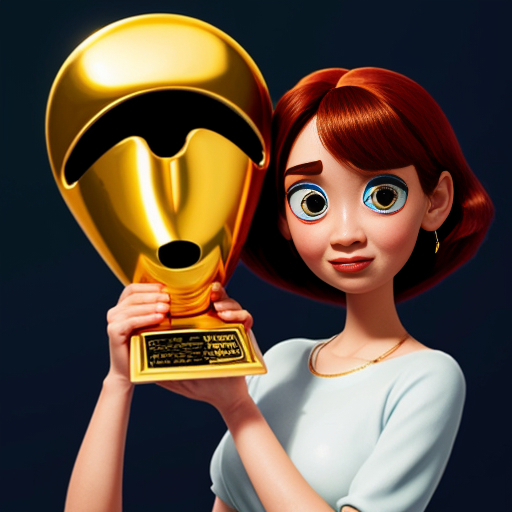 the emotion proud one person gold holding trophy Pixar cartoon style gold skin big eyes 