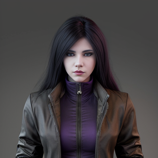 Anthropomorphic humanoid female black wolf with long pretty black hair and purple eyes, wearing a brown jacket 
