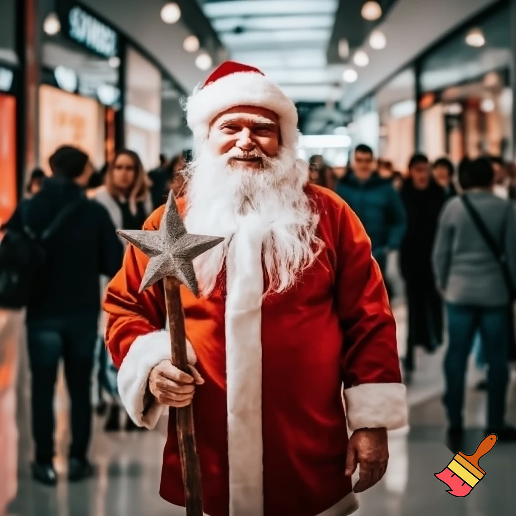 Santa Claus, Russia with a star walking stick real person in the shopping centre