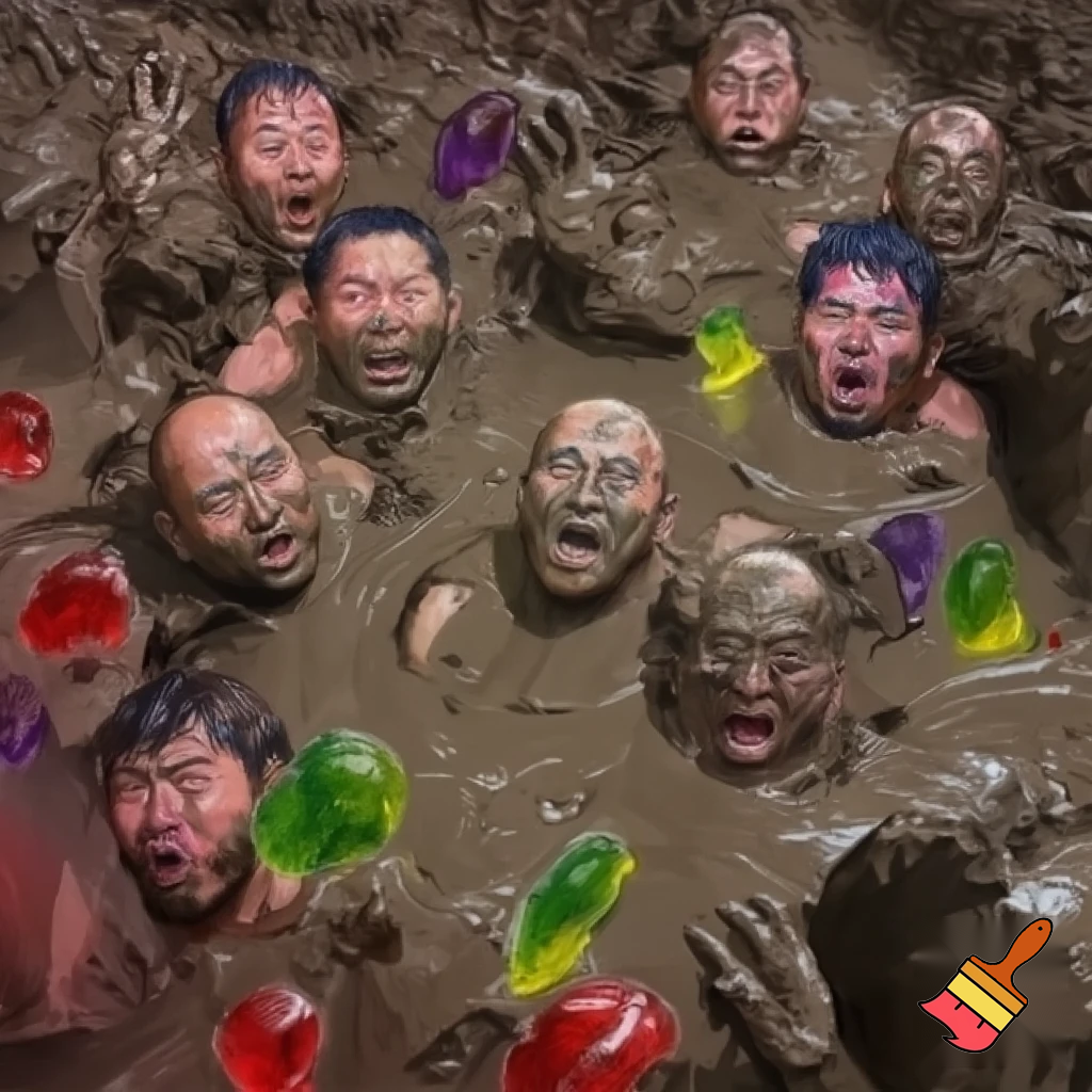 26 fat men sliding in a mud pit with mouth open with jelly
